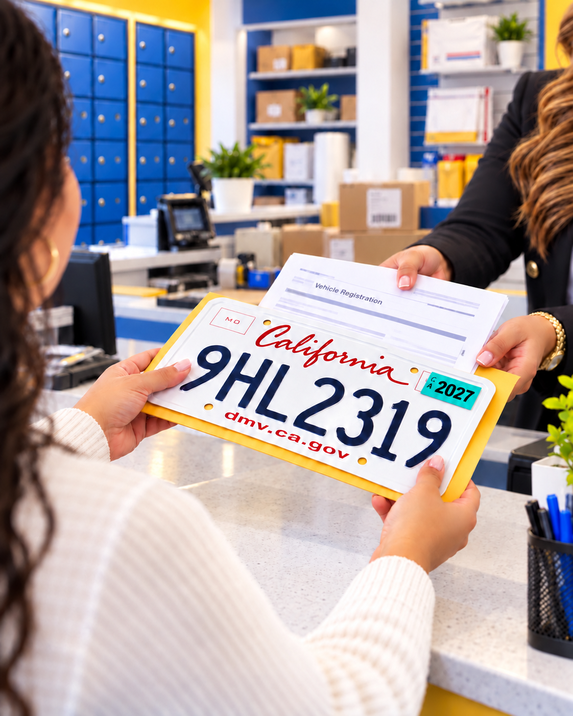 Staff member handing a customer vehicle registration documents with one sticker